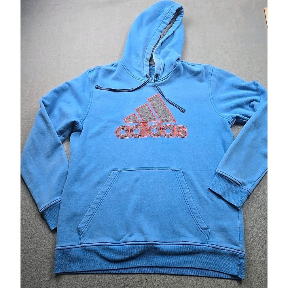 Adidas Hoodie Women LARGE Pullover Blue w Orange Logo Cotton Drawstring